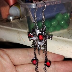 Silver and Red Gothic Heart And Cross Dangle Earrings